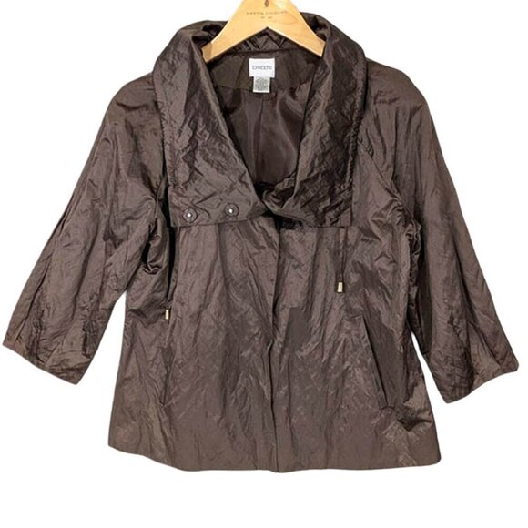 Chico's Jacket Womens Medium 8 Chocolate Brown Crinkle 3/4 Sleeve Mob Wife - Picture 2 of 11